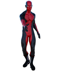 one young superhero man with muscles in red black super suit. He slowly approaches the camera and holds out a hand for greeting