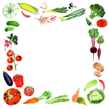 watercolor vegetables frame.Template for your design.
