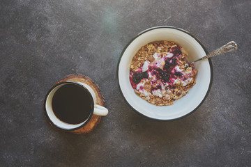 Breakfast with coffee and fruits