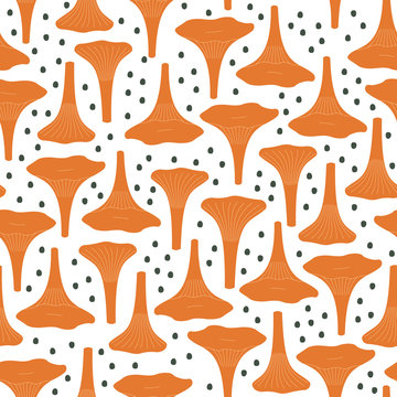 Chanterelles pattern with decorative dots on white background. Seamless background with mushrooms. Trendy forest illustration. Design for textile, wallpaper, fabric.