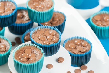 Homemade Chocolate Cheesecakes In Blue Paper Cases. Chocolate Ch