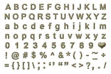 Alphabet set with soldier camouflage texture ,stitched border and emboss style isolated on white
