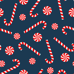 Seamless Christmas pattern with candy cane and lollipop. Happy New Year and Merry Xmas background. Vector winter holidays print for textile, wallpaper, fabric, wallpaper. 