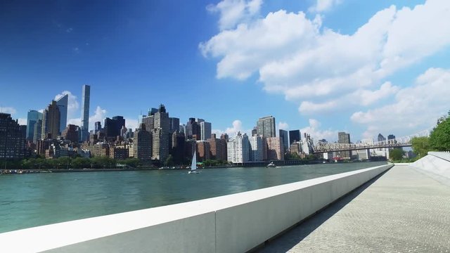 The midtown Manhattan skyline as seen from Franklin D. Roosevelt Four Freedoms Park on the south end of Roosevelt Island.  	