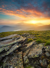 Rocks on the mountain field during sunrise. Beautiful natural landscape in the summer time