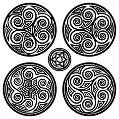 Vector ornament, set of decorative celtic triskelion round designs with spiral elements