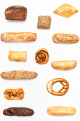 various fresh pastries on white background