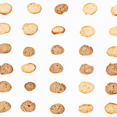 lot of sliced bread baguettes on white