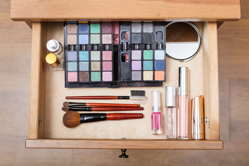 makeup set in open drawer