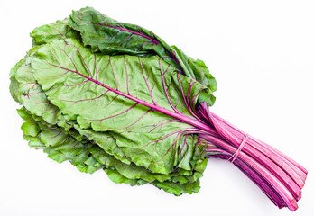 bunch of fresh cut beet tops on white