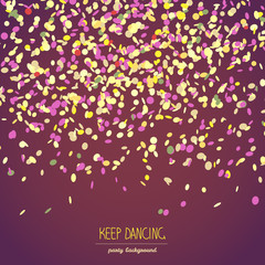 Keep dancing. Party card or banner with confetti. Copy space for text made of colorful falling confetti. Dark background with copy space. Contrast party card in warm colors.