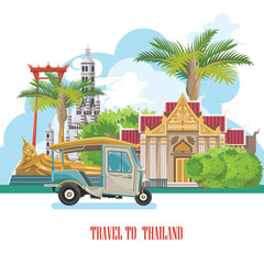 Obraz premium Travel Thailand landmarks. Thai vector icons. Vacations poster with thai ethnic elements