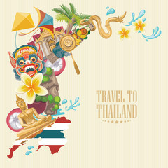 Travel Thailand landmarks. Thai vector icons. Vacations poster with thai ethnic elements