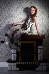 Portrait of a beautiful girl in a beautiful dress with patterns by Parliament