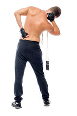 an athlete with a rope holding hands sore back and neck
