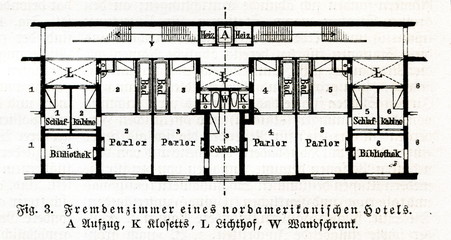 Guest rooms in one of the North American hotels (from Meyers Lexikon, 1895, 7 vol.)