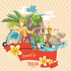 Travel Thailand landmarks. Thai vector icons. Vacations poster with thai ethnic elements