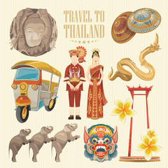 Naklejka premium Travel Thailand landmarks. Thai vector icons. Vacations poster with thai ethnic elements