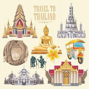 Travel Thailand landmarks. Thai vector icons. Vacations poster with thai ethnic elements