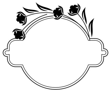 Round label with black and white decorative flowers silhouettes. Copy space.Vector clip art.