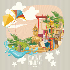 Travel Thailand landmarks. Thai vector icons. Vacations poster with thai ethnic elements