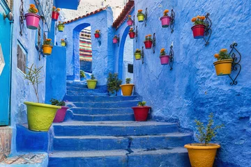 Fototapeten Blaue Treppe und Wand verziert mit bunten Blumentöpfen, Medina von Chefchaouen in Marokko. © Anette Andersen