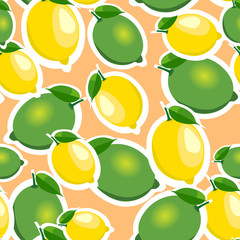 Seamless pattern with big lemons and limes with leaves. Orange background.