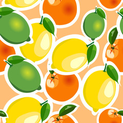 Seamless pattern with lemon, orange, lime stickers. Fruit isolated on an orange background