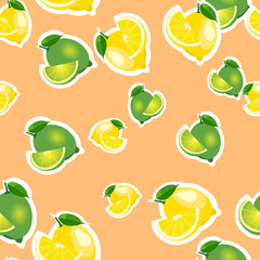 Seamless pattern with lemons and limes with leaves and slices stickers. Orange background.