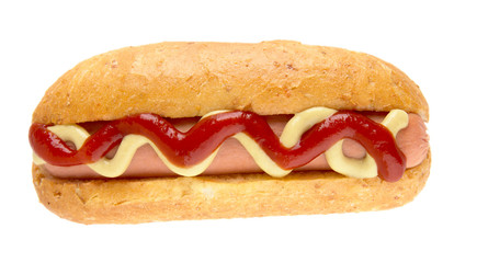 Hot dog with mustard and ketchup isolated on white
