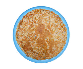 Pancake on the blue plate isolated on the white 