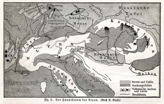 Scheme of Alps and the neighboring areas (from Meyers Lexikon, 1895, 7 vol.)