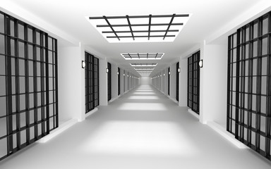 Rows of prison cells, prison interior. 3D rendering