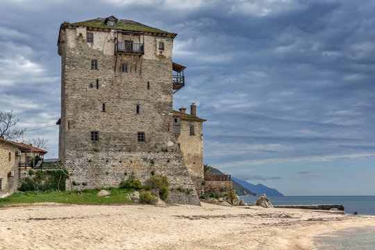 Amazing view to Medieval tower in  Ouranopoli, Athos, Chalkidiki, Central Macedonia, Greece 