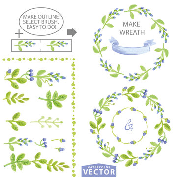Watercolor blue floral brushes and wreath set template