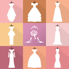 Wedding Icons.Dresses silhouette set.Fashion flat