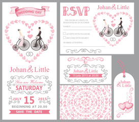 Obraz premium Wedding invitation set.Bride,groom,retro bike,Pink decor