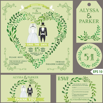 Wedding invitation.Green branches heart, clothes