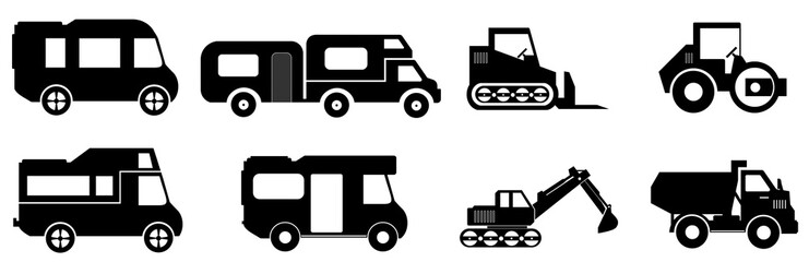 Camping-car et engins de chantier en 8 icônes