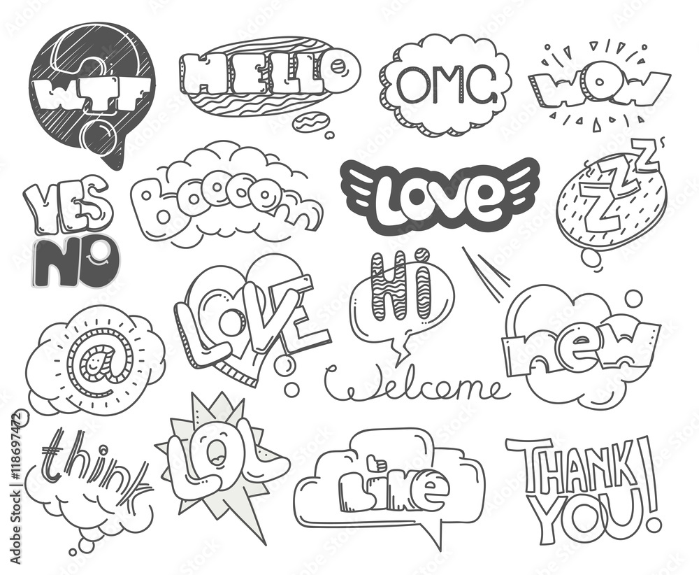 Aufkleber different sketch style words collection. vector doodles set