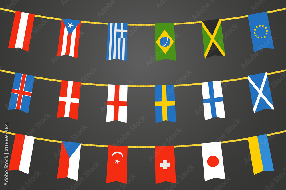 Poster different color flags of countries on rope. vector clip-art