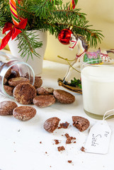 New Year's and Christmas. Sprigs of trees decorated with toys. Near Christmas decorations, glass of milk and cookies left for Santa Claus specifically. 