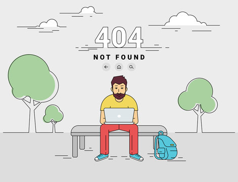 404 error page not found illustration of young man is sitting with laptop outdoors and seeing 404 error. Flat outlined illustration of upset guy working with laptop and getting problems with website