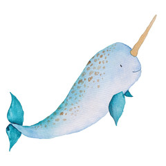 Fototapeta premium Whale Narwhal Akwarela ręcznie malowane Ilustracja Zwierzęta morskie Wieloryby błękitne Izolowane Słodkie dzieci