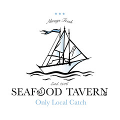 Seafood restaurant and seafood menu identity - Logo with fishing boat. Vector Illustration