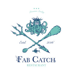 Seafood restaurant and seafood menu identity - Logo with God of Sea Poseidon and sea-style cutlery. Vector Illustration