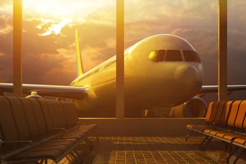 Fototapete Flughafen Geschäftsreise mit dem Flugzeug, Abflug- oder Ankunftskonzept, leerer Innenraum des Flughafenterminals mit Passagierflugzeug hinter Fenstern im Licht der Abendsonne