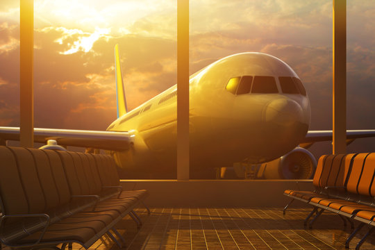 Business Air Travel By Plane, Departure Or Arrival Concept, Empty Airport Terminal Lounge Room Interior With Passenger Airplane Behind Windows In The Light Of The Evening Sun