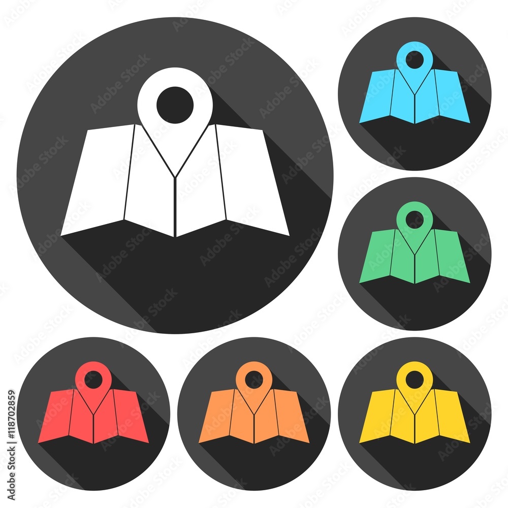 Poster vector various color map icons with navigation symbols