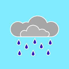 Cloud and rain drops on blue background. Flat icon.